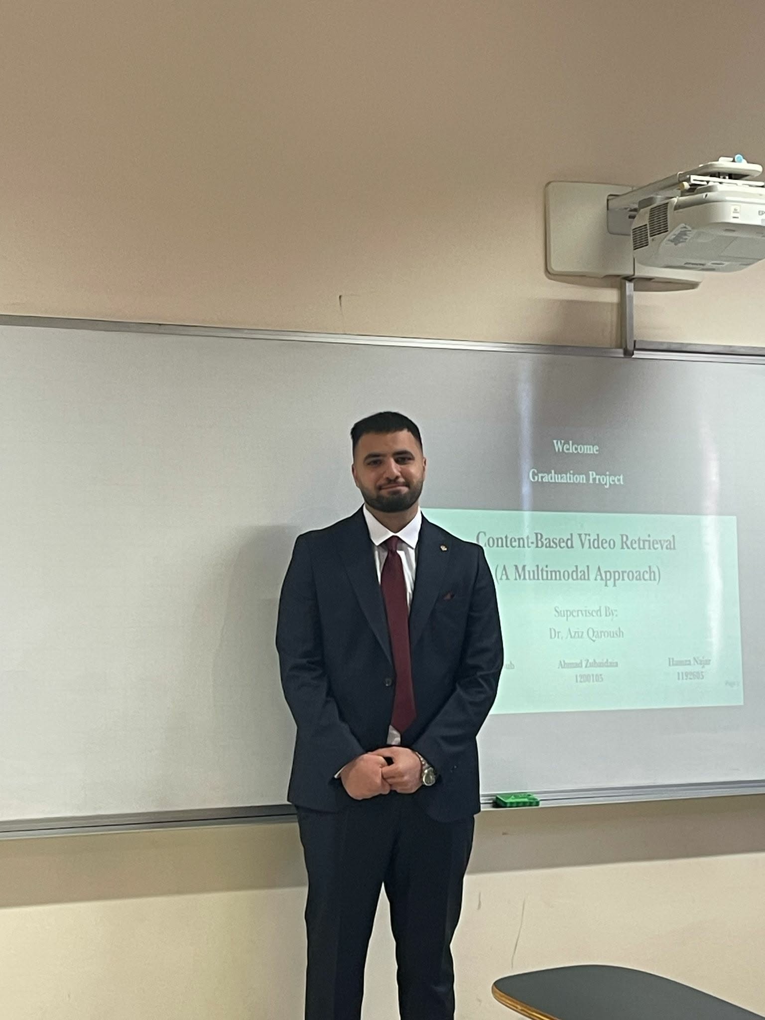 Graduation project final presentation at Birzeit University — team defending the multimodal retrieval system.